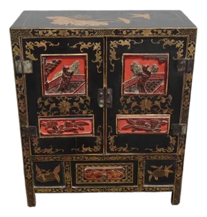Vintage Chinese Asian Black & Red Hand Painted Lacquer Cabinet Side Table