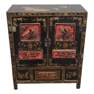 Vintage Oriental Asian Black & Red Hand Painted Lacquer Cabinet Side Table For Sale