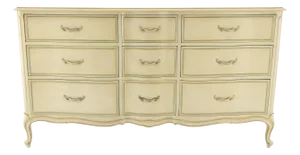 Beige White Gold Blue Trip 9 Drawers Country French 64" Long Dresser c1970s