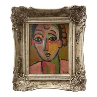 Mid 20th Century "Colorful Face I" Expressionist Portrait Acrylic Painting, Framed For Sale