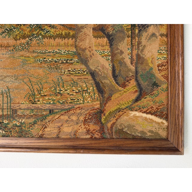 Brown 1980's Vintage Needlepoint Landscape Textile Wall Art – Framed For Sale - Image 8 of 11