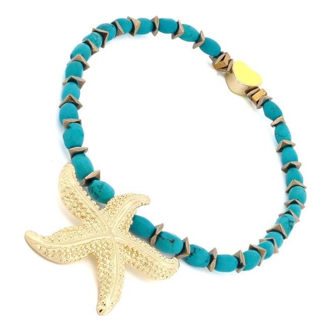 Asian Majestic Starfish Charm Turquoise & Yellow Heart Beaded Anklet For Sale - Image 3 of 7
