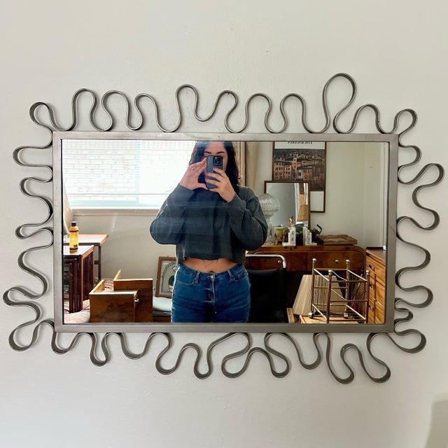 Vintage 1980s Rectangular Wall Mirror Featuring Silver Iron Frame