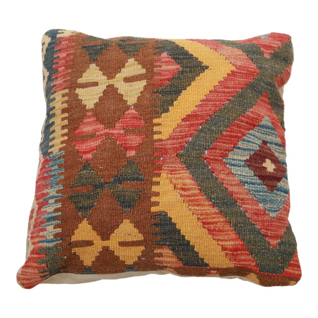 Arteverk Handwoven Afghan Kilim Pillow — Red & Green Diamonds For Sale