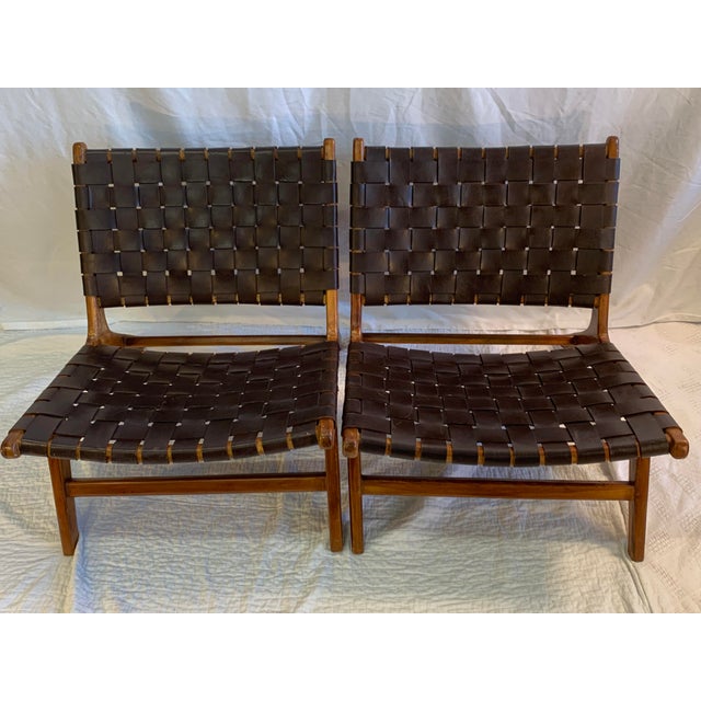 MidCentury Modern Teak Scandinavian Woven Leather Strap Lounge Chairs