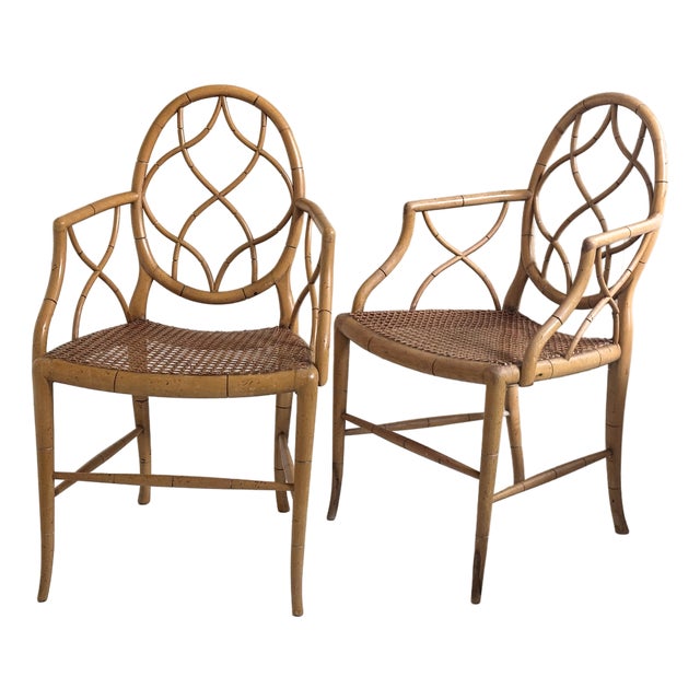 Vintage English Faux Bamboo Oval Back Armchairs in the Manner of Tom Parr for Colefax & Fowler For Sale