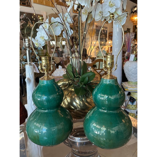 Vintage Pair Gourd Green Crackle Glaze Porcelain Table Lamps Newly Wired Brass For Sale - Image 12 of 12