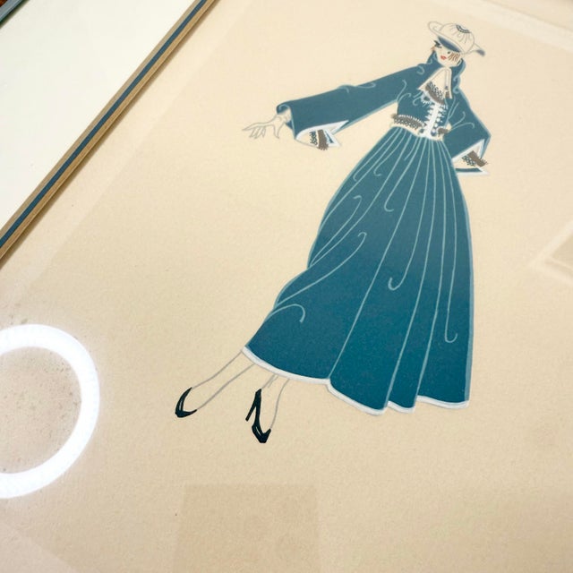 Art Deco 1950s Signed & Framed Lithograph Art Bon Soir by Erté Lady with Blue Dress Art Deco Style For Sale - Image 3 of 12