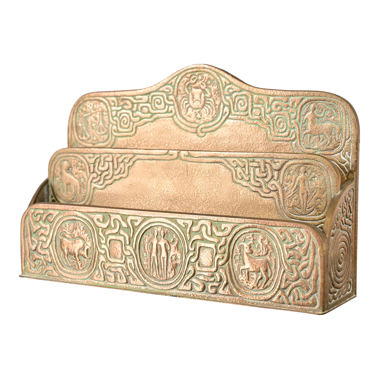 Tiffany Studios New York Zodiac Pattern Bronze Doré Letter Rack | Chairish