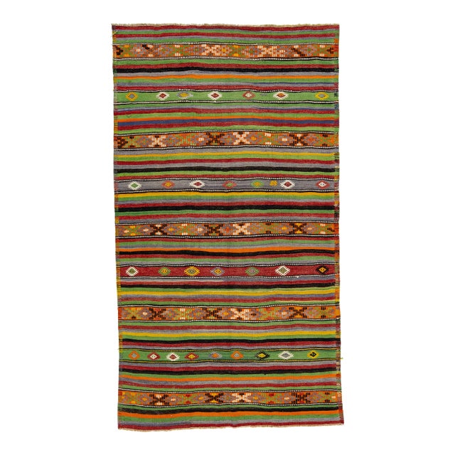 1960s Vintage Kilim Handmade Multicolor Stripe Wool Rug For Sale