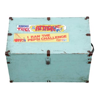Vintage Wood Trunk With Retro Bumper Stickers For Sale