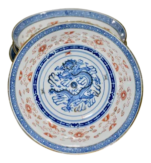 1970s Chinese Porcelain Rice Wear Dragon Gold Gilded Rim Bowls - Set of 4