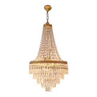 Antique Crystal Basket Chandelier Empire Style Brass 4 Lights Circa 1920 For Sale