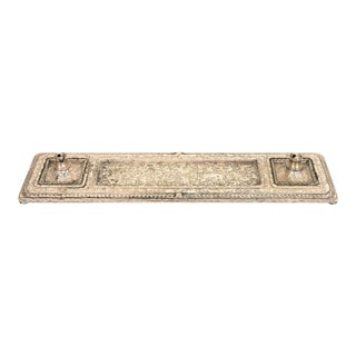 Roycroft Arts & Crafts Silver Finished Hammered Copper Desk Tray With Double Pen Holder For Sale