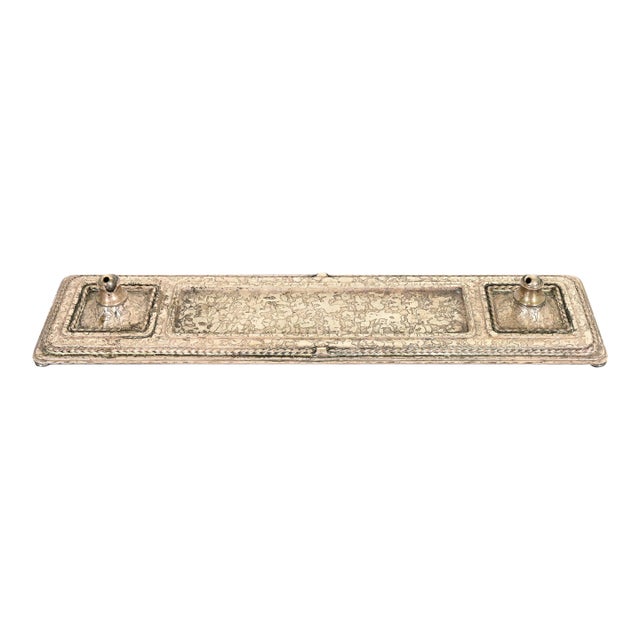 Roycroft Arts & Crafts Silver Finished Hammered Copper Desk Tray With Double Pen Holder For Sale