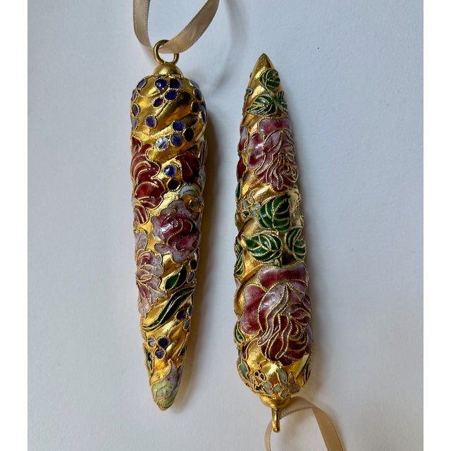 Metal Pair of Gold Cloisonné & Crystal Ornaments For Sale - Image 7 of 17
