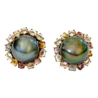 Bochic "Orient" Tahiti Pearls & Multi Sapphire Earrings Set In 18K Gold & Silver For Sale