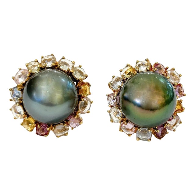 Bochic "Orient" Tahiti Pearls & Multi Sapphire Earrings Set In 18K Gold & Silver For Sale