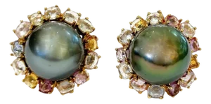 Bochic "Orient" Tahiti Pearls & Multi Sapphire Earrings Set In 18K Gold & Silver