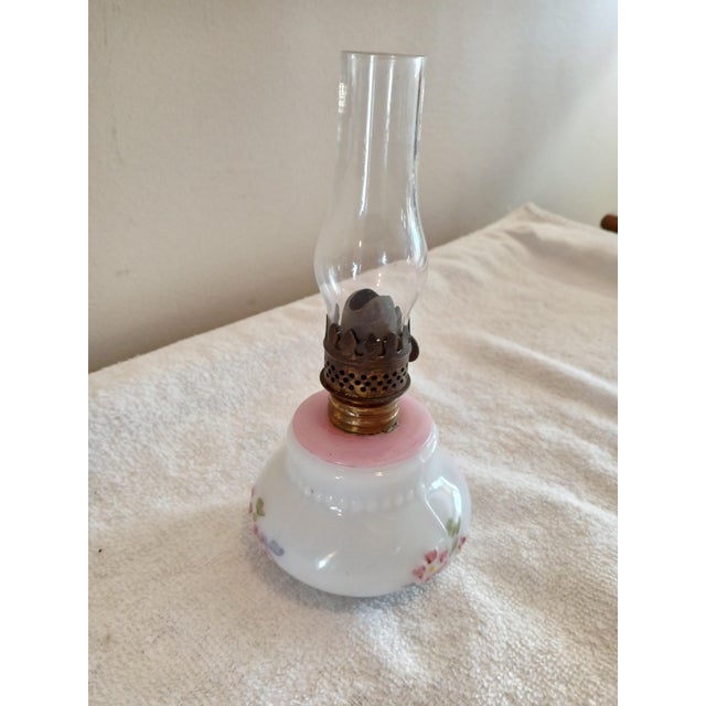 Mid-Century Modern Vintage Milk Glass Painted Floral Embossed Miniature Oil Lamp For Sale - Image 3 of 6