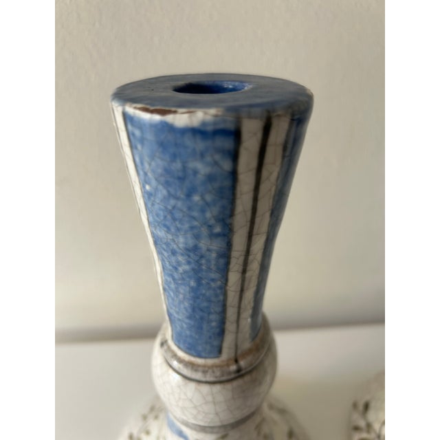 Blue 1990s Pair of Hand Painted Terracotta Candlesticks-Birds & Branches Motif For Sale - Image 8 of 10