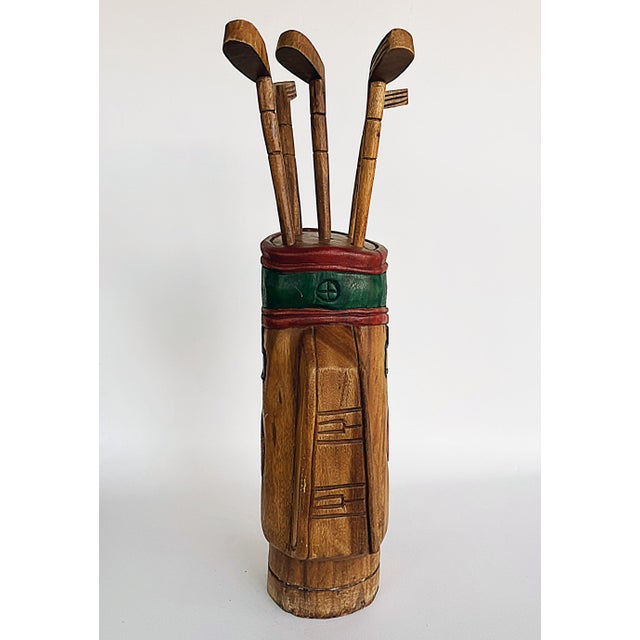 Wood Vintage Life-Sized Carved Wood Set of Golf Clubs Sculpture and Bag For Sale - Image 7 of 10