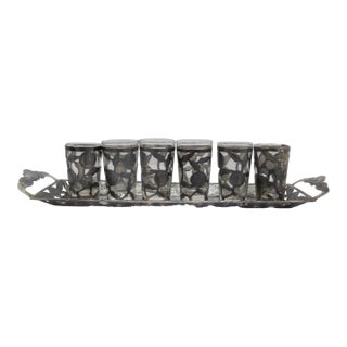 Mexican Sterling Silver Floral Overlay Cordial Shot Glass Set With Tray For Sale