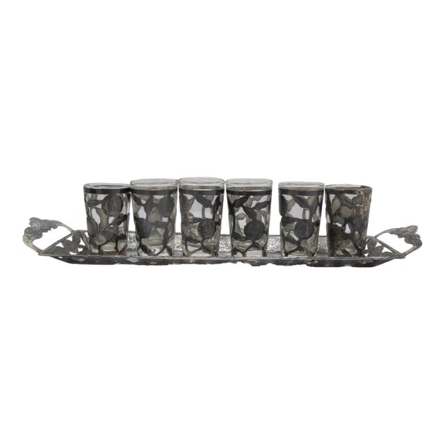 Mexican Sterling Silver Floral Overlay Cordial Shot Glass Set With Tray For Sale