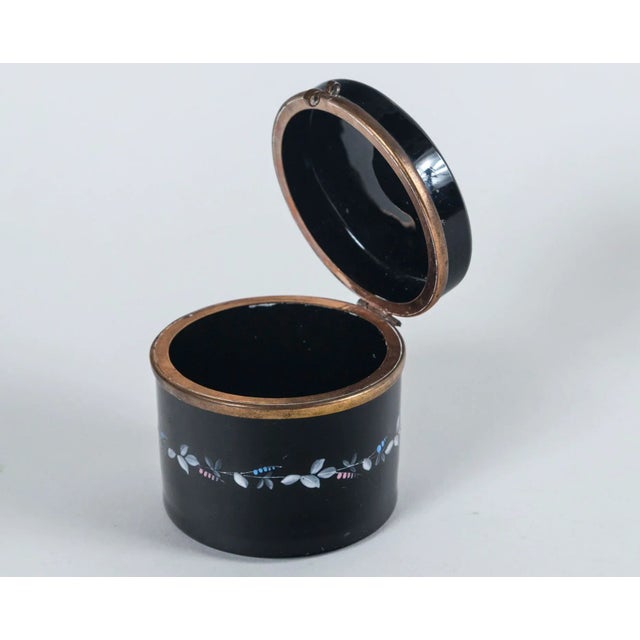 French Opaline Enameled Glass Vanity Box, Late 19th Century. Delicate floral design on black glass with bronze trim.
