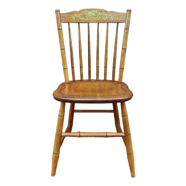 Vintage L. Hitchcock Rustic Traditional Oak Cane Cut Windsor Stonington Chair For Sale