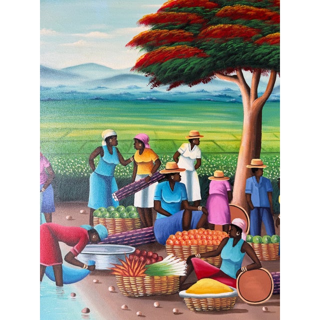 Vintage Barnes Folk Art Market Scene Oil on Canvas Painting – Framed For Sale - Image 11 of 14