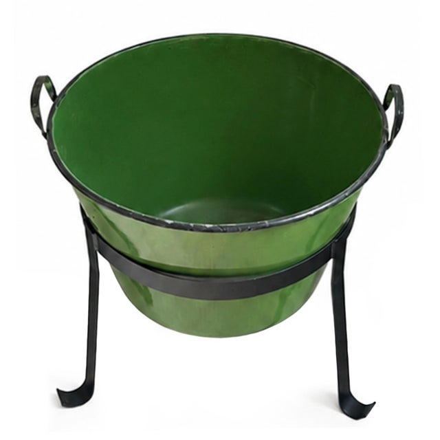 Farmhouse Vintage Hungarian Green Enamel Tub W/Iron Stand For Sale - Image 3 of 9