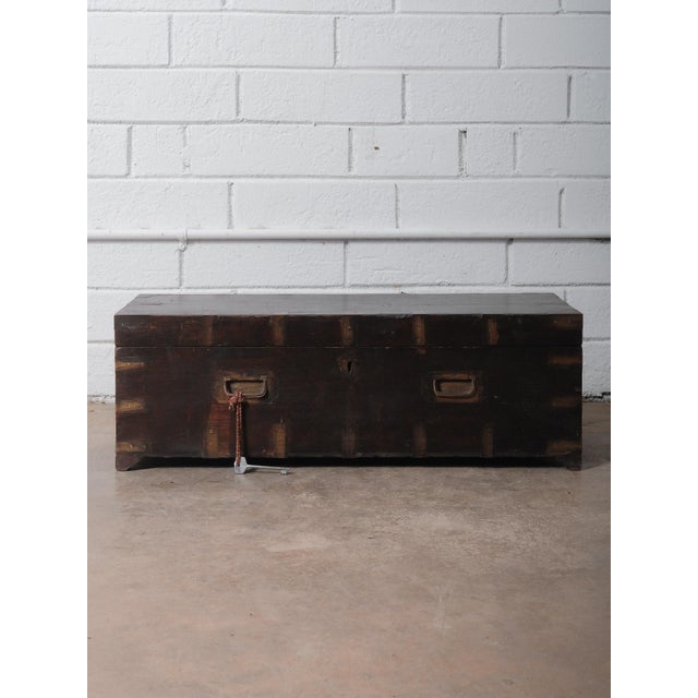 Wood Vintage Dark Wood Indian Storage Chest With Brass Plate Joinery and Key For Sale - Image 7 of 7