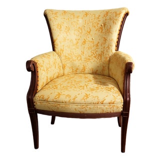 Vintage Wingback Lounge Chair With Solid Wood Frame & Yellow Damask Upholstery For Sale