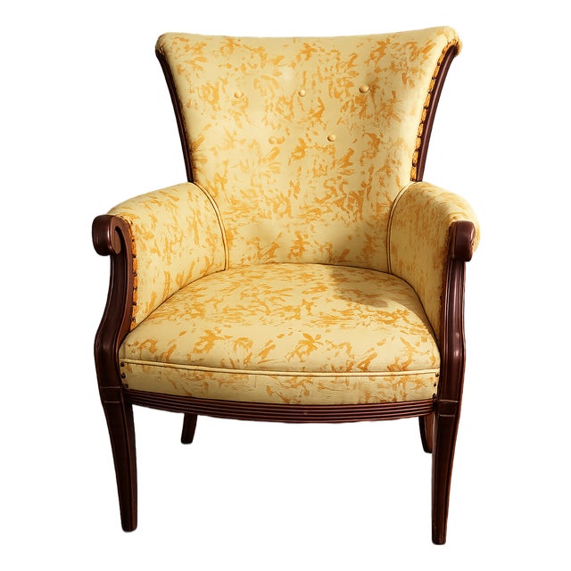 Vintage Wingback Lounge Chair With Solid Wood Frame & Yellow Damask Upholstery For Sale