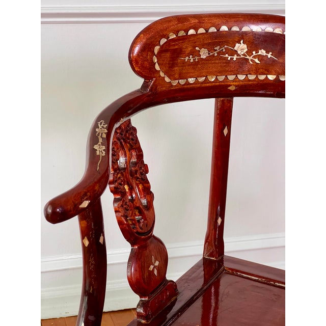 Pair of Chinese Rosewood Corner Chairs With Mother-of-Pearl Inlay, C. 1940 For Sale - Image 12 of 18