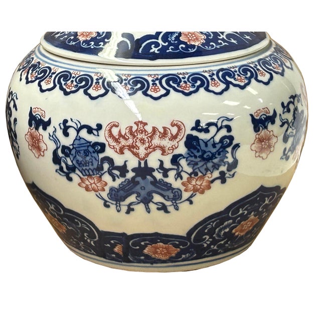 Ceramic Oriental Blue White Red Symbol Bats Graphic Porcelain Round Container Box For Sale - Image 7 of 12