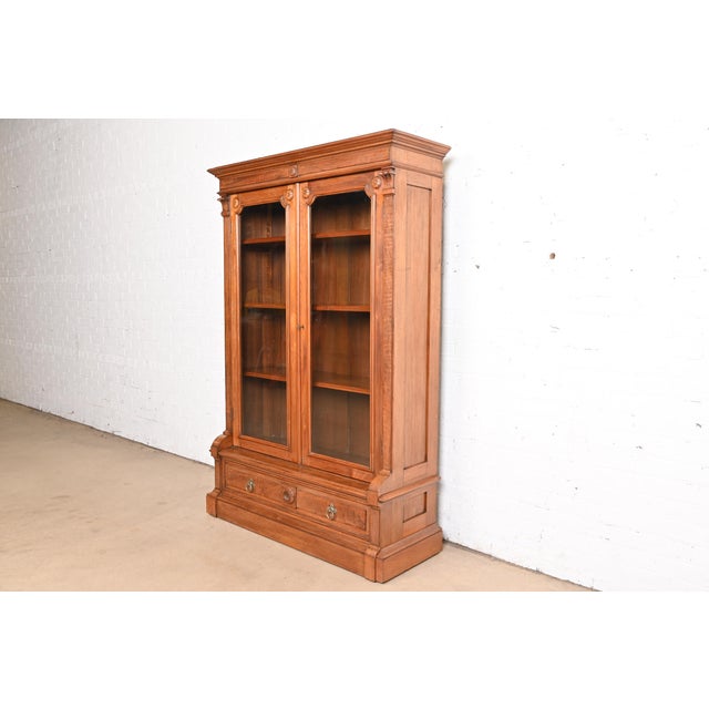 Victorian Herter Brothers Style Antique Eastlake Victorian Carved Walnut Glass Front Bookcase, Circa 1880s For Sale - Image 3 of 12