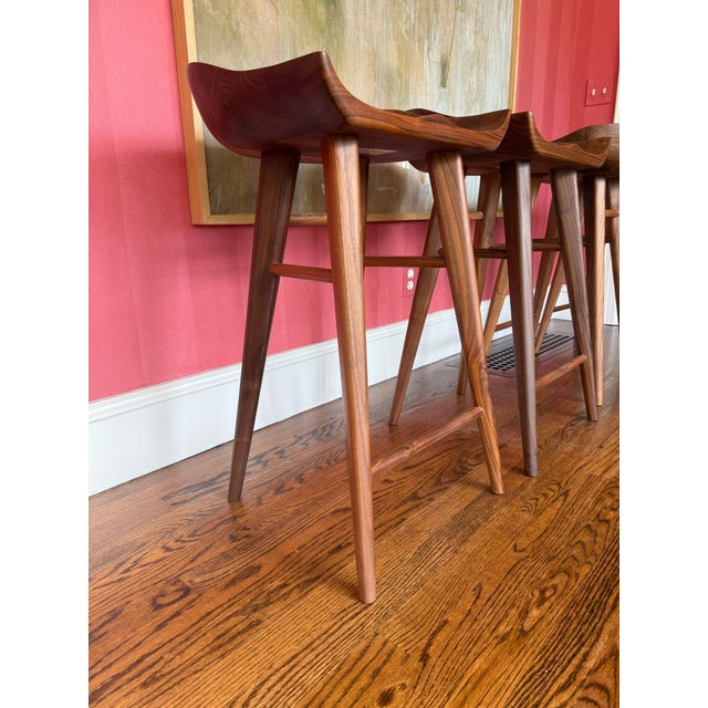 Set of 4 High End Solid Walnut Tractor Counter Stools For Sale In New York - Image 6 of 10
