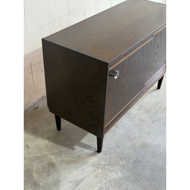 Wood Vintage Danish Modern Stained Oak Sliding Door Cabinet Credenza For Sale - Image 7 of 9