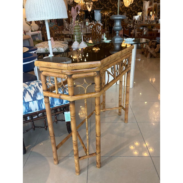Traditional Vintage Brighton Style Rattan Woven Cane Tortoise Demi Lune Console Table For Sale - Image 3 of 12