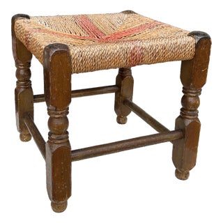 1940s English Country Oak and Rush Footstool For Sale