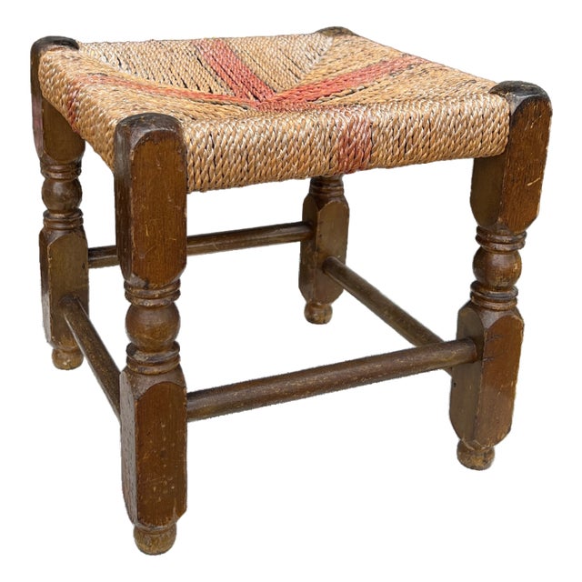1940s English Country Oak and Rush Footstool For Sale