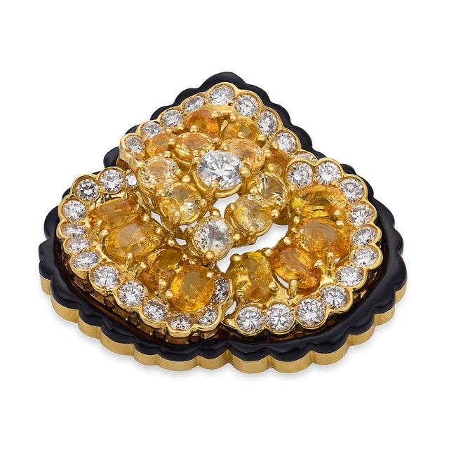 Mid 20th Century Lugano 11.10 Carat Diamond Yellow Sapphire 18k Yellow Gold Enamel Flower Brooch For Sale In Los Angeles - Image 6 of 7