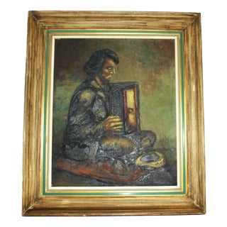 European Artist, Street Musician with Accordion, 1969, Oil on Canvas, Framed For Sale