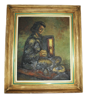 European Artist, Street Musician with Accordion, 1969, Oil on Canvas, Framed