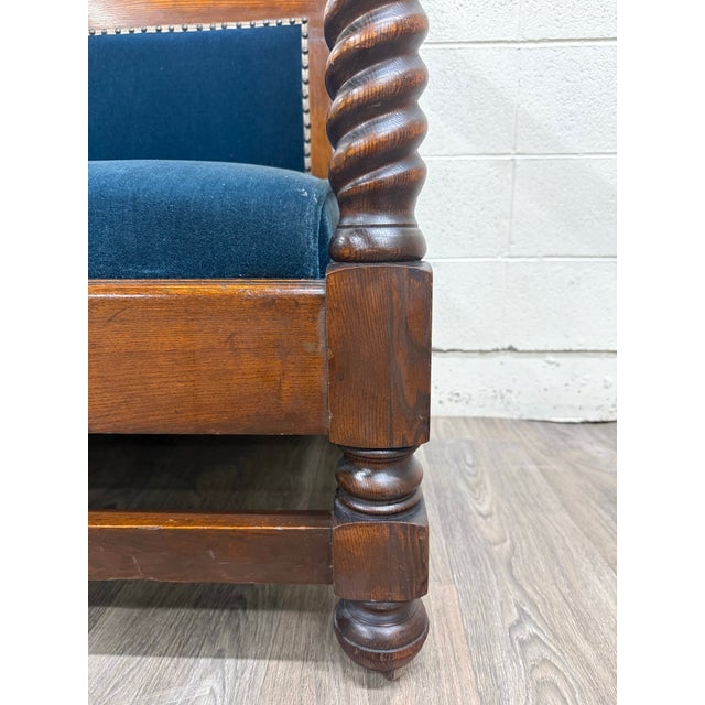 Antique Jacobean Revival Blue Velvet Upholstered Oak Hall Settee Daybed Bench For Sale In Kansas City - Image 6 of 18