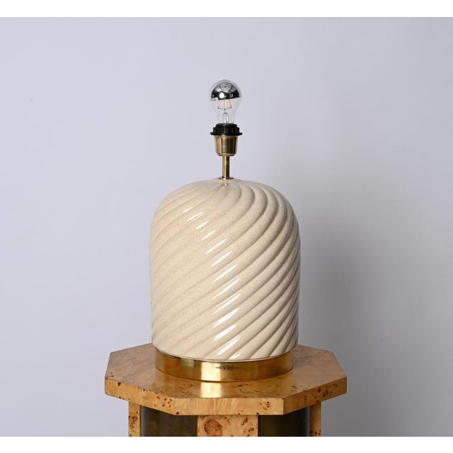 Mid-Century Italian Cream Ceramic and Brass Table Lamp from Tommaso Barbi, 1970s For Sale - Image 15 of 18