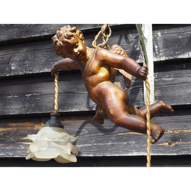 Antique French Cherub Pendant Light in Flying Putti and Glass Flower Shades, 1920s For Sale - Image 18 of 18