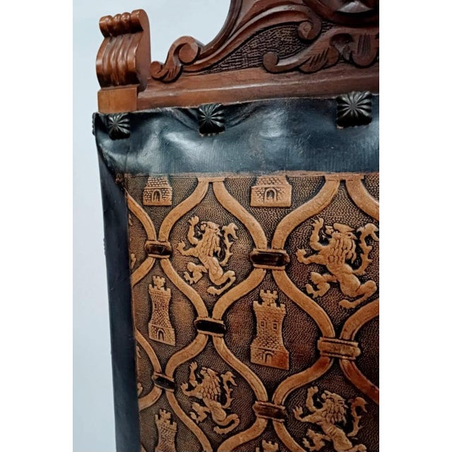 Wood Antique Spanish Castilian Renaissance Revival Armchair in Hand-Carved Wood with Leather Upholstery, 1800s For Sale - Image 7 of 9